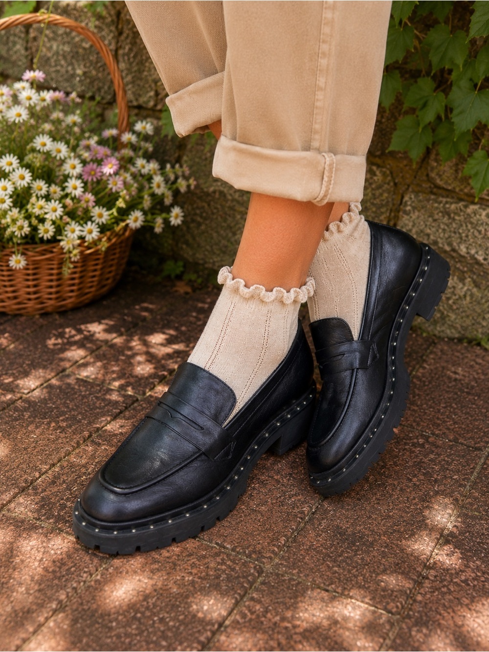 SCHUTZ Black Leather Chunky Studded Edgy Preppy Downtown Lug Sole Loafers, 8.5B